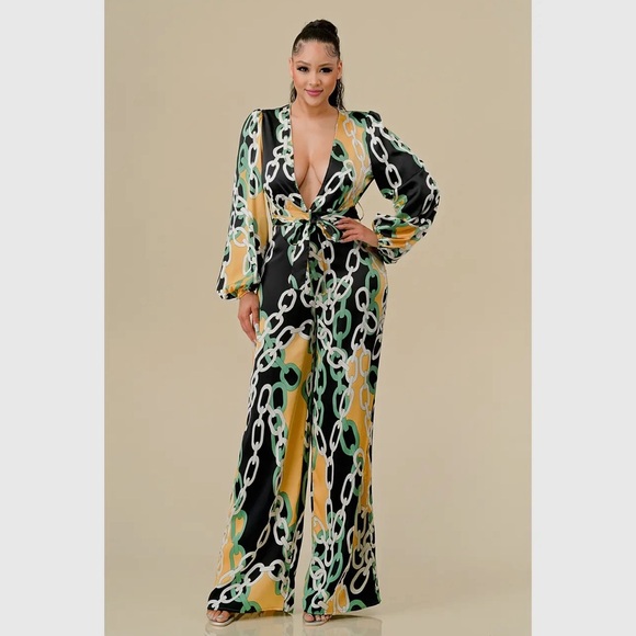 Deep V Chain Print Jumpsuit - Picture 2 of 4